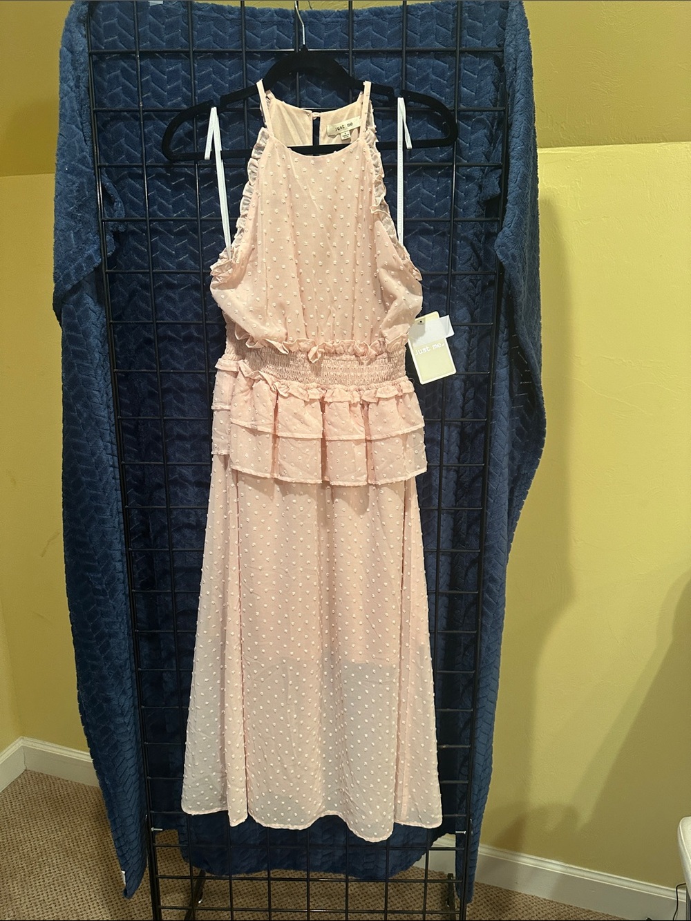 Just Me Peach Swiss Dot Tiered Ruffle Dress